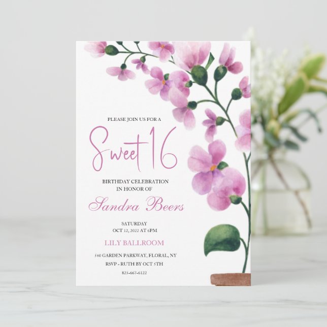 Rosa orchid Watercolor Sweet 16 Inbjudan (Stående Fram)