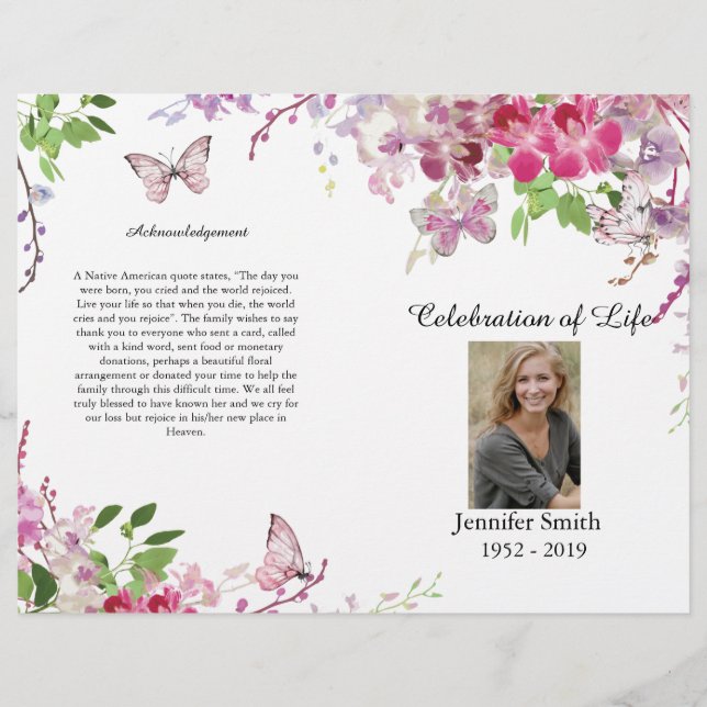 Rosa Orchids Butterfly Funeral Program Flyer (Framsidan)