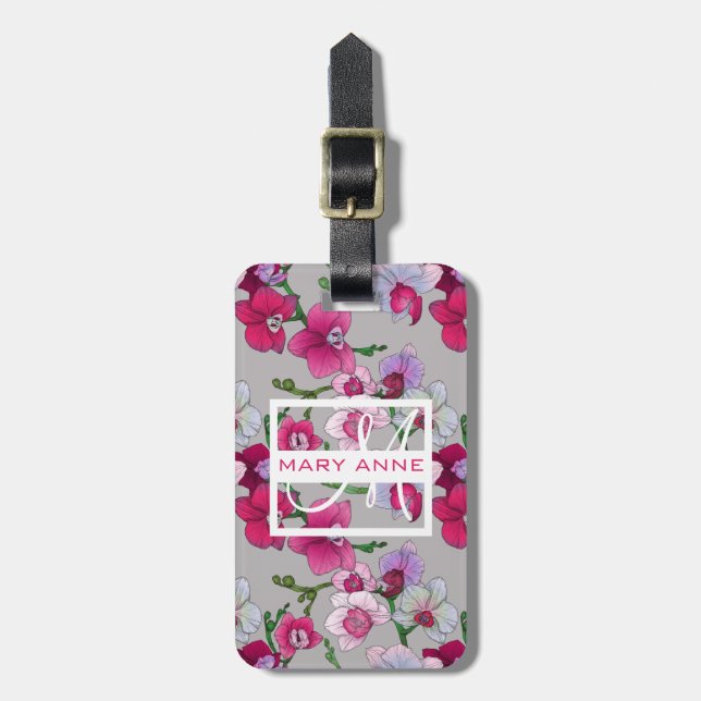 Rosa Orchids i Monogram för blom | Bagagebricka (Vertikal Framsida)