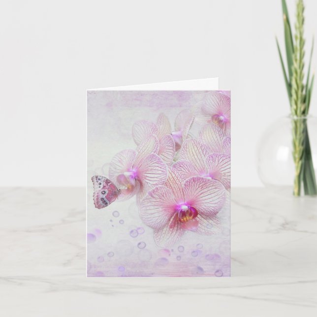 Rosa Orchids och Butterfly Note Card Kort (Framsida)