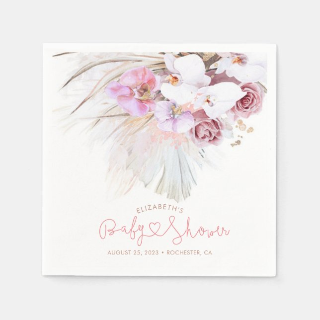 Rosa Orchids och Pampas Grass Elegant Boho Pappersservett (Framsidan)
