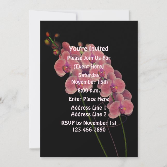 Rosa Orchids på den svarta Blommigten Party Inbjudningar (Framsida)