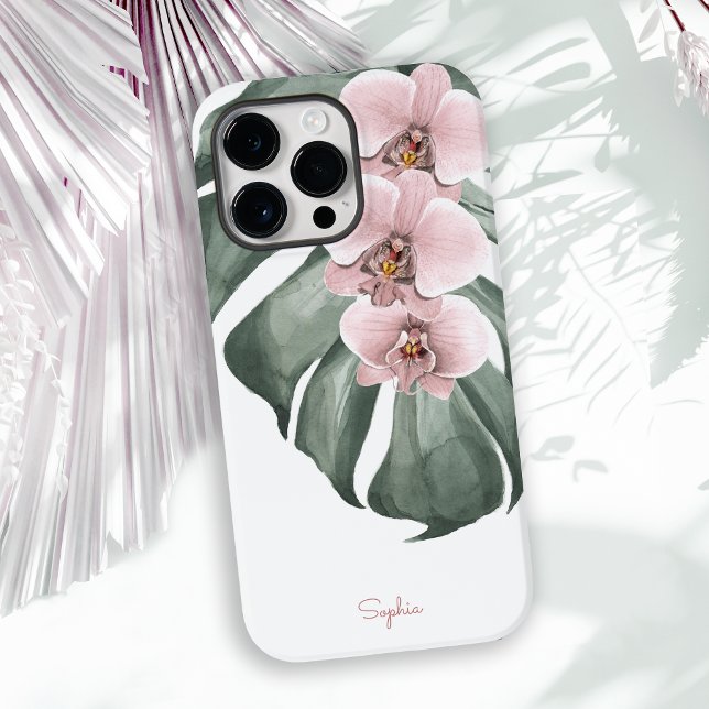 Rosa Orchids på Monstera Tropical Blommigt med Nam (A feminine floral case with a tropical vibe in pastel pink orchids and a large Monstera leaf.)