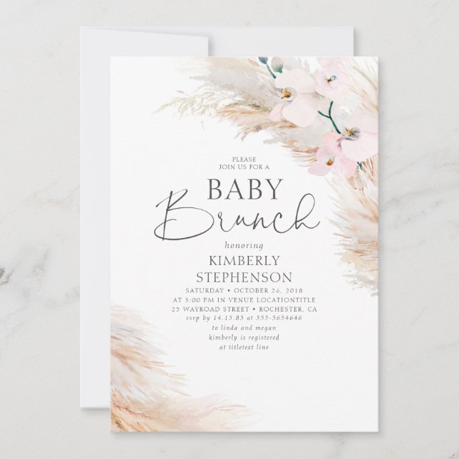 Rosa Orchids Pampas Grass Brunch Baby Shower Inbjudningar (Framsida)