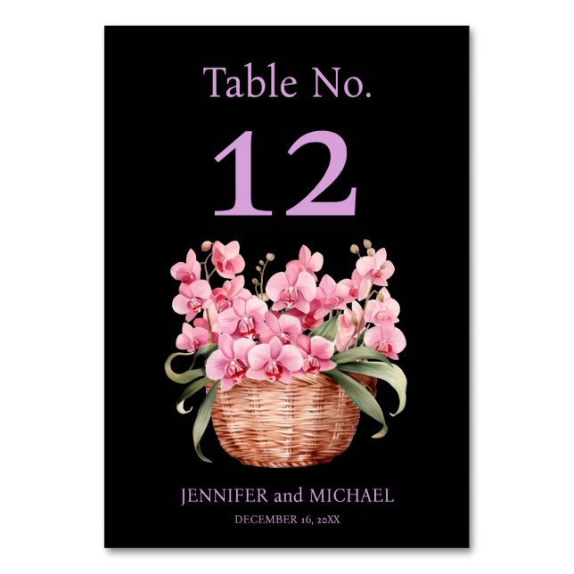 Rosa Orchids Watercolor Black Bröllop Bordsnummer (Framsidan)