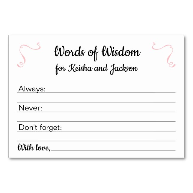 Rosa Ord Wisdom Girl Baby Shower Advice Card Bordsnummer (Framsidan)