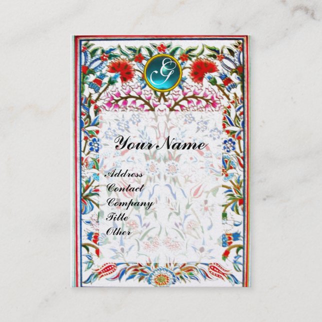 ROSA ORIENTAL FLOWERS DAMASK MONOGRAM Blue Pearl Visitkort (Framsida)