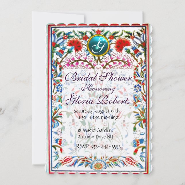 ROSA ORIENTAL FLOWERS DAMASK MONOGRAM Blue Silver Inbjudningar (Framsida)