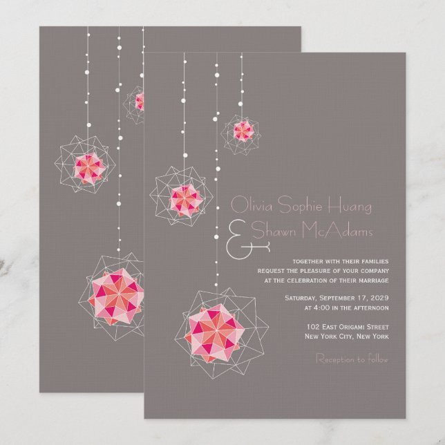 Rosa Origami Hanging Ornament Ljus Asian Bröllop Inbjudningar (Fram/baksida)