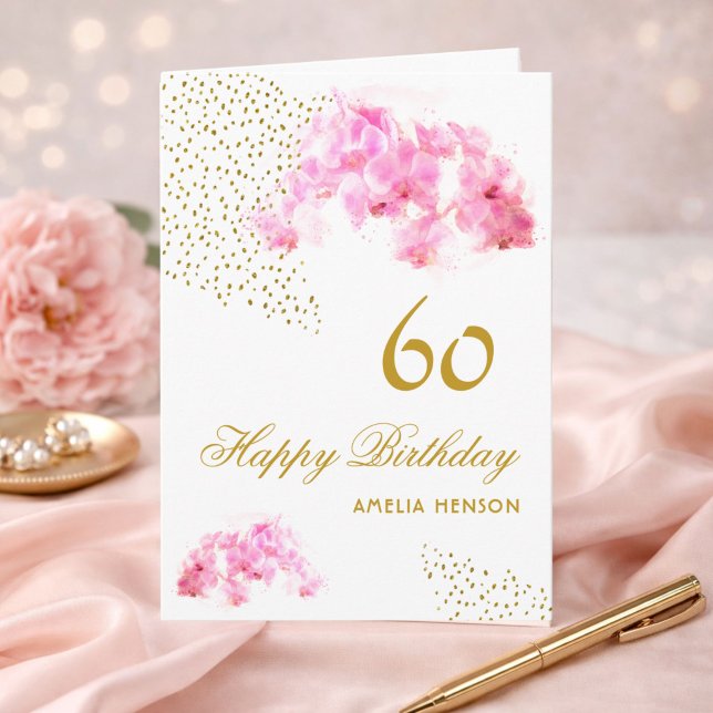 Rosa orkidé akvarell guld glitter 60-årsdag kort (Skapare uppladdad)