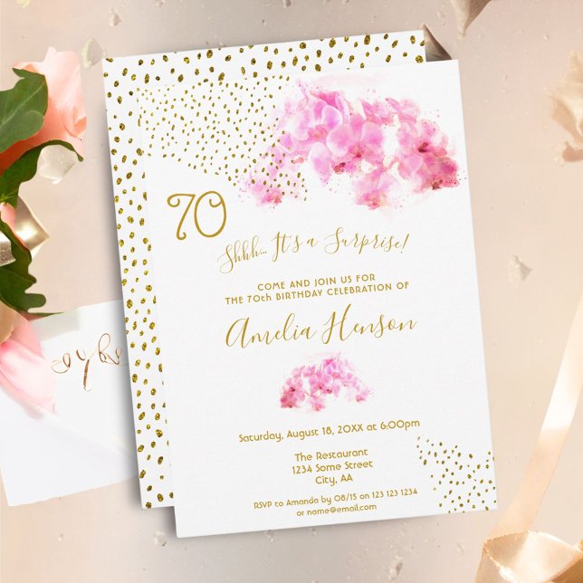 Rosa orkidé akvarell guld glitter 70-årsdag inbjudningar (Skapare uppladdad)