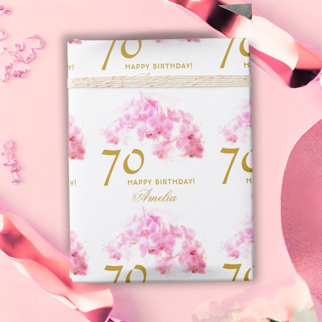 Rosa orkidé akvarell guld glitter 70-årsdag presentpapper (Skapare uppladdad)