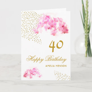 Rosa orkidé akvarell guldglitter 40-årsdag kort