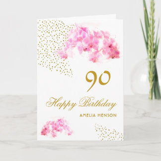 Rosa orkidé akvarell guldglitter 90-årsdag kort