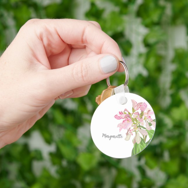 Rosa orkidé blomsterdesign – Elegant botanisk kons Nyckelring (Hand)