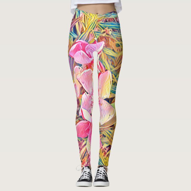 Rosa orkidé och tropisk palmbladstryck L Leggings (Framsida)