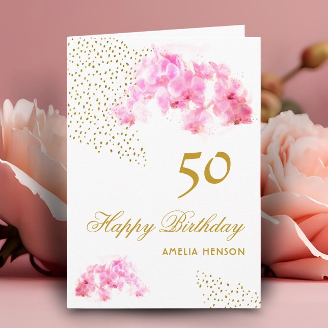Rosa orkidé vattenfärg guldglitter 50-årsdag kort (Skapare uppladdad)