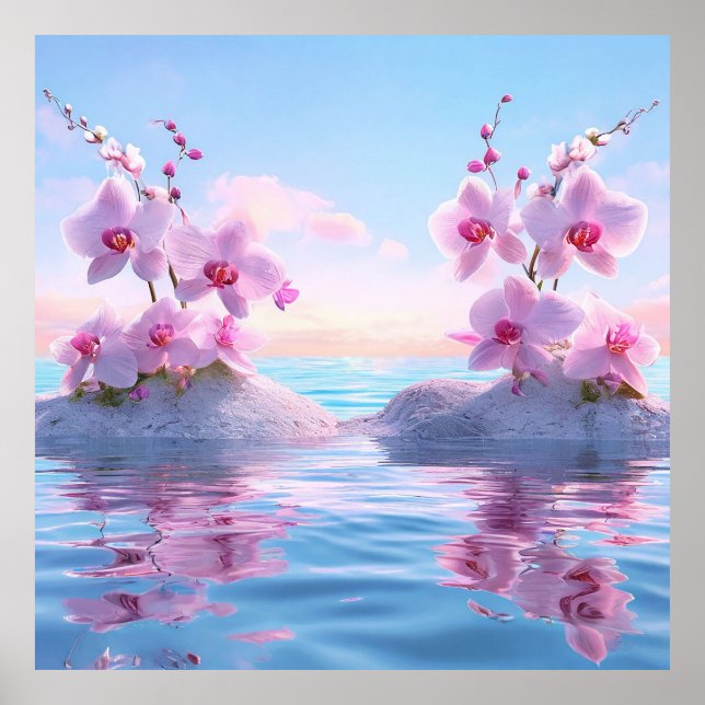🌸 Rosa orkidé vattenreflektion lugna utrymmen 🌸 Poster (Framsidan)