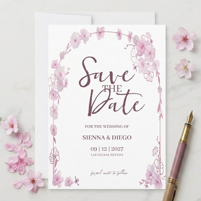 Rosa orkidéblommig båge Elegant modern bröllopsinb Spara Datumet (Skapare uppladdad)