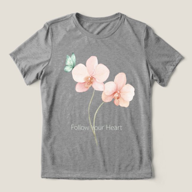 Rosa orkidéblommor Mintgrön fjäril T Shirt (Design Framsida)