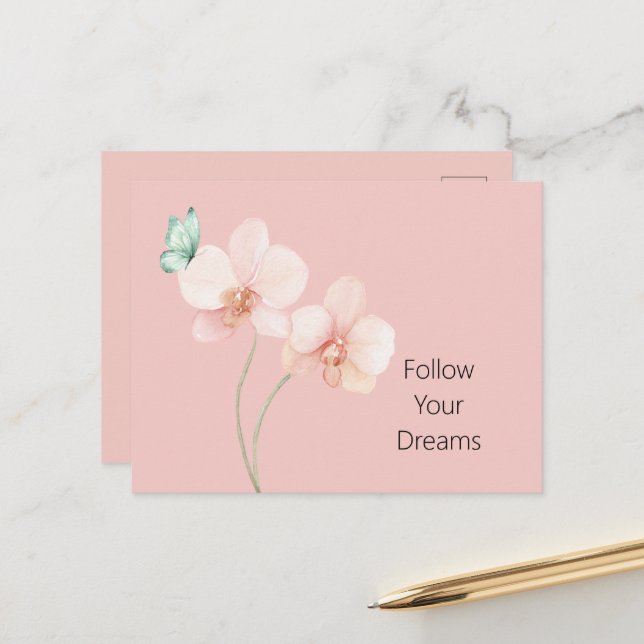 Rosa orkidéblommor mintgrön fjäril vykort (Fram/Back In Situ)