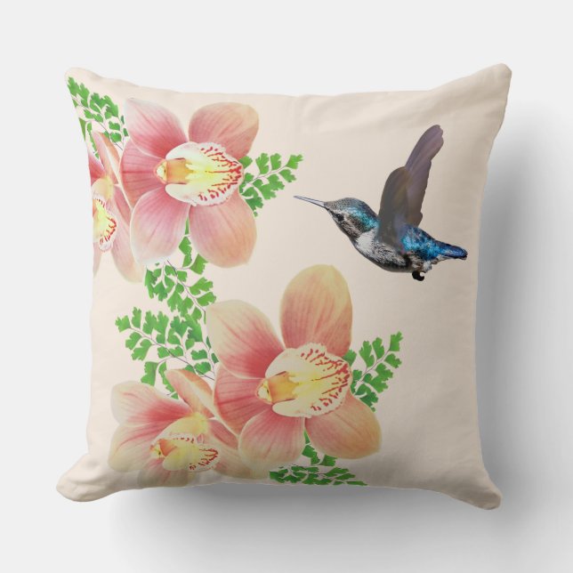 Rosa orkidéblommor och hummingbird på elfenben kudde (Framsida)
