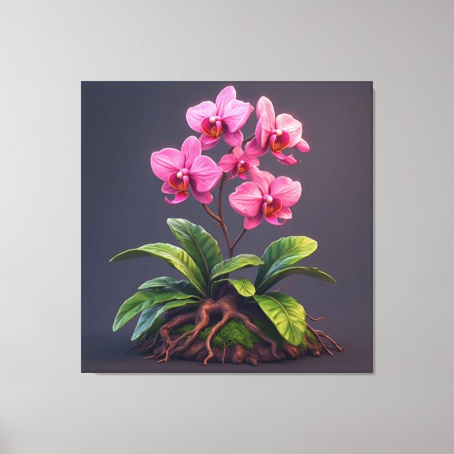 Rosa orkidéväxt med gröna blad canvastryck (Framsida)