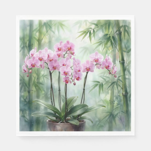 Rosa orkidéväxt på bambu-bakgrund pappersservett (Framsidan)