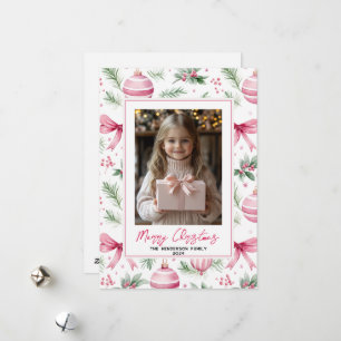 Rosa Ornament & Bows Anpassningsbar jul Photo Namn Julkort