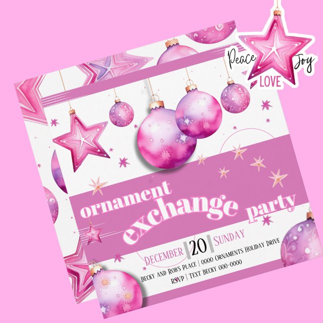 Rosa Ornaments with Baubles and Stars Party Julkort (Holiday pink ornament exchange party invitations.  Bold and bright for your Christmas party. )