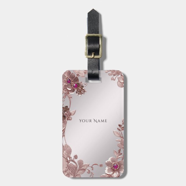 Rosa Ornate Blommigt Luggage Tag Bagagebricka (Vertikal Framsida)