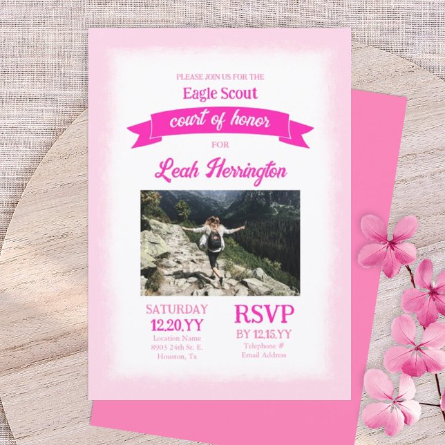 Rosa örnspejare Scout Hedersceremoni Festfirande (Pink Eagle Scout Court of Honor Ceremony Party Invitation, Pink Scouting Achievement Celebration)