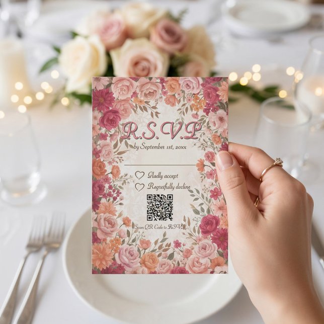 Rosa & OSA kort (Close up pink red watercolor floral vintage spring garden romantic qr wedding QR Code RSVP)