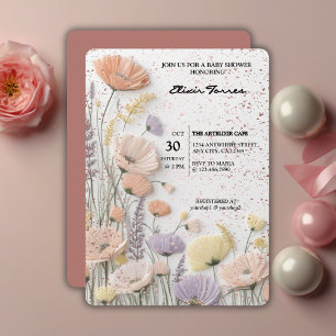 Rosa Otryckt Pressad Vildblomma Barnkalas Inbjudningar