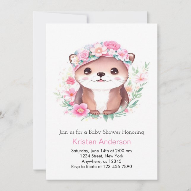 Rosa Otter Wildblomma Whimsical Girl Baby Shower Inbjudningar (Framsida)