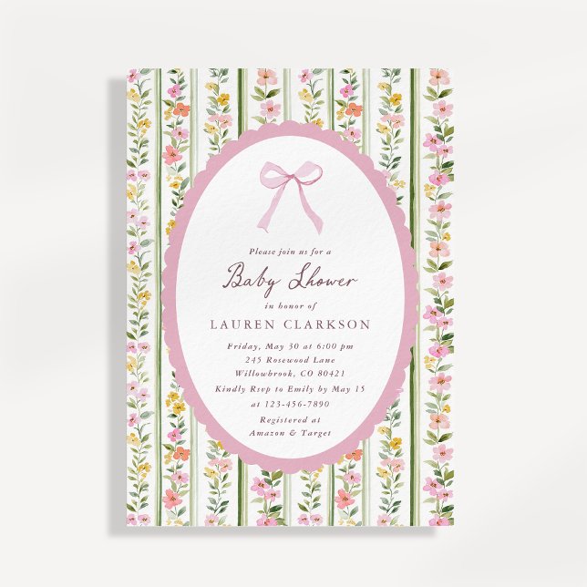 Rosa oval ram blommig baby shower inbjudan (Skapare uppladdad)