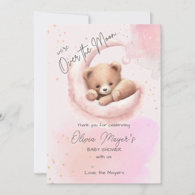 Rosa över Måne Bear Baby Shower - tack för ditt ko (Framsida)
