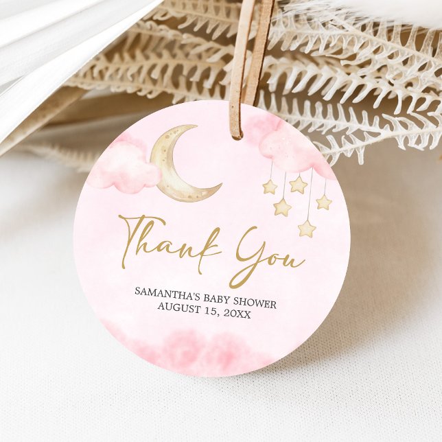 Rosa Over the Moon Baby Shower  Gåvor Etiketter (Over the Moon Baby Shower Favor Tags)