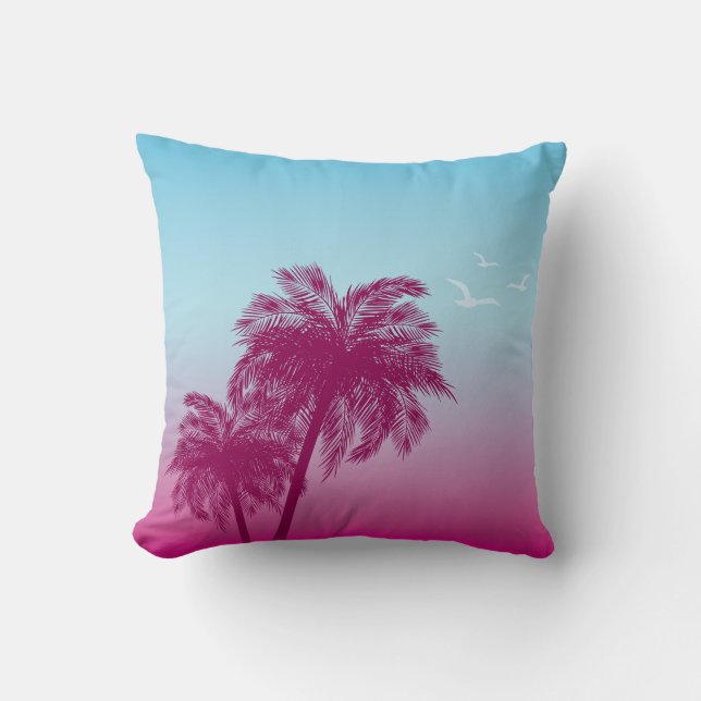 Rosa på Blå Handflatan Träd Silhouettes Tropical S Kudde (Framsida)