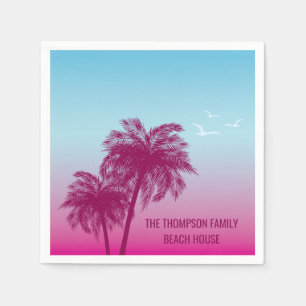 Rosa på Blå Handflatan Träd Silhouettes Tropical S Pappersservett