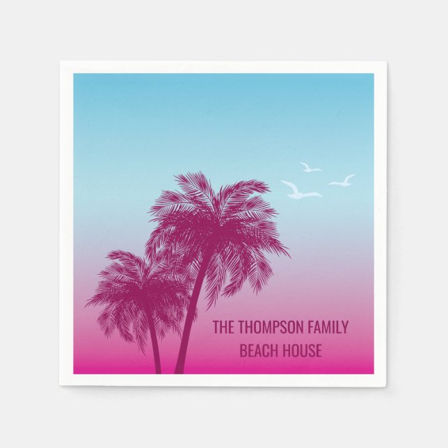 Rosa på Blå Handflatan Träd Silhouettes Tropical S Pappersservett (Framsidan)