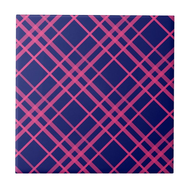 Rosa på blå rutiga linjer design  kakelplatta (Framsidan)
