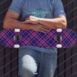 Rosa på blå rutiga linjer design mini skateboard bräda 18,5 cm