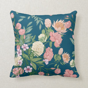 Rosa på Blå Teal Vår-blomman Visa linje 16x16 Kudde