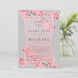 Rosa på grå körsbärsblom-vit bröllopsinbjudan inbjudningar
