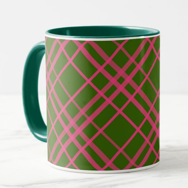Rosa på grön rutig linjedesign  mugg (Skapare uppladdad)