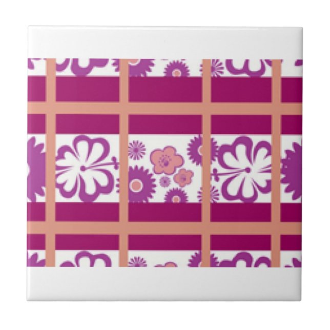 Rosa på Lila med Blommigten Rulldesign med stripe Kakelplatta (Framsidan)