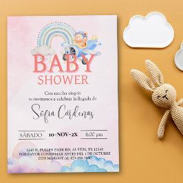 Rosa på spanska Baby Shower Nalle Airplan Inbjudningar