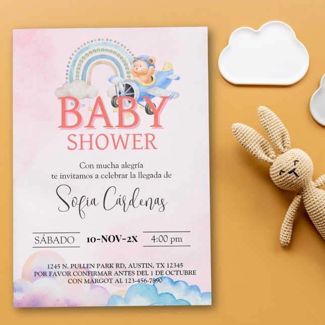 Rosa på spanska Baby Shower Nalle Airplan  Inbjudningar (Spanish Girl Baby Shower Teddy Bear Airplane Pink Invitation)