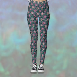 Rosa påfågelfjädrar vacker mönster på djupgrönt leggings
